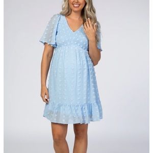 Pink Blush Light Blue Swiss Dot Smocked Maternity Dress